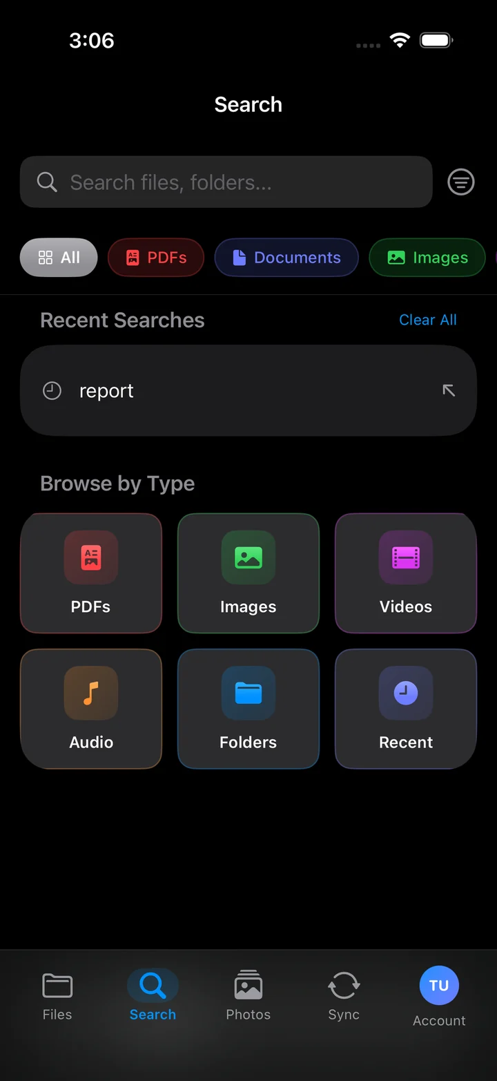 Search and browse-by-type in the VirtualDrive iPhone app