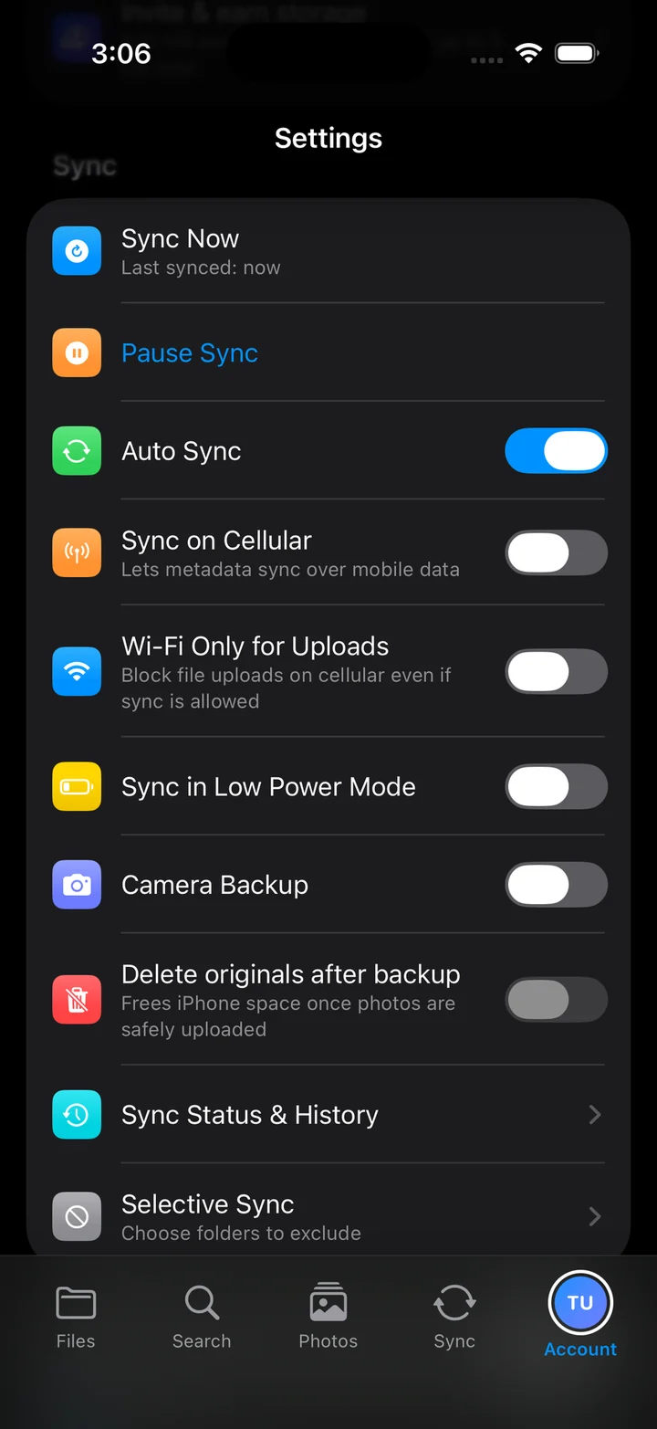 Sync settings in the VirtualDrive iPhone app, including the Camera Backup toggle