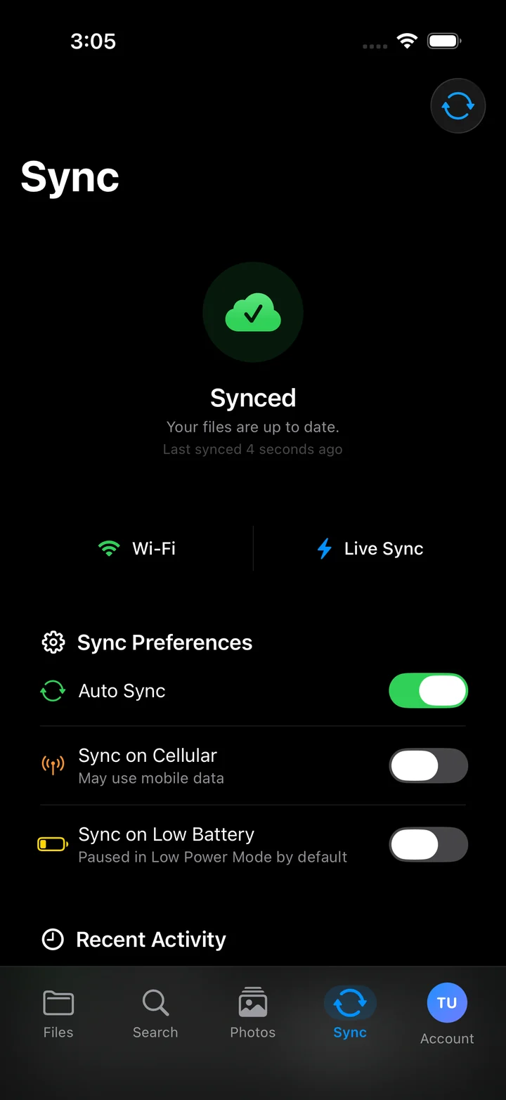 Sync status screen in the VirtualDrive iPhone app showing files up to date