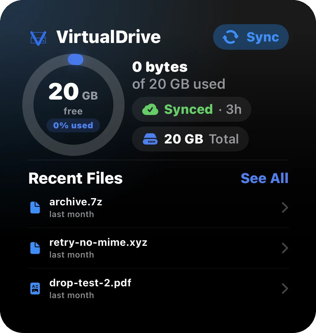 VirtualDrive Home Screen widget showing storage and recent files