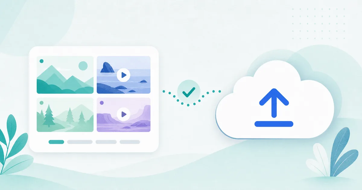 Illustration of photos and videos backing up from a phone into secure cloud storage.
