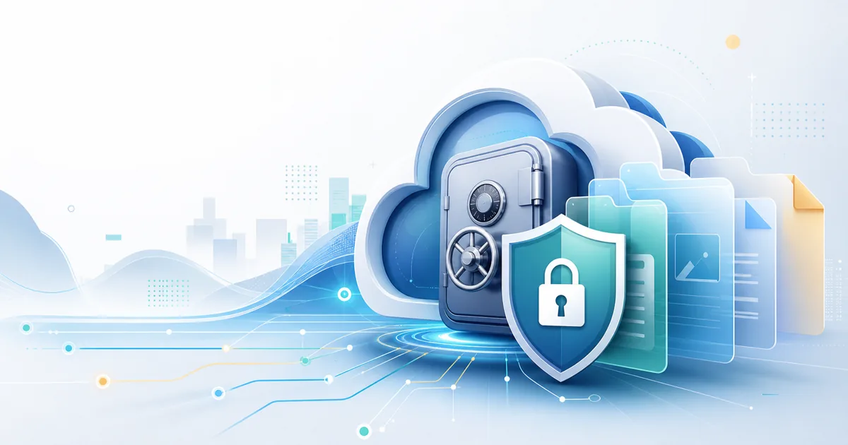 Illustration of an encrypted cloud vault, privacy shield, and protected files for a 2026 cloud storage privacy checklist.