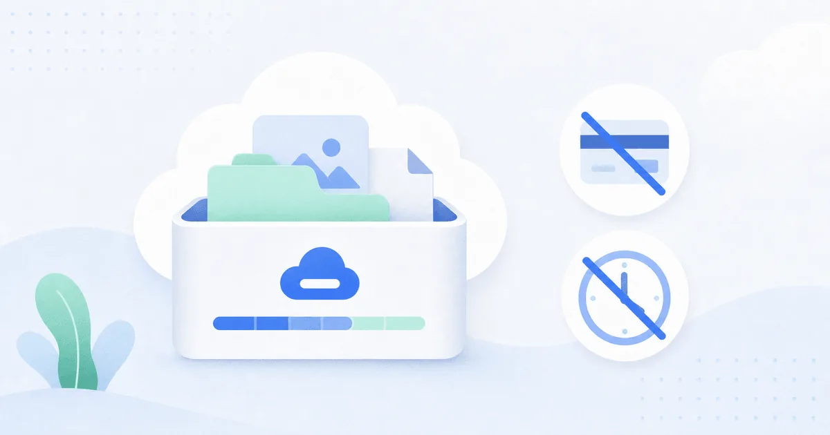 Illustration of a 20 GB free cloud storage plan with folders, files, and a storage meter.