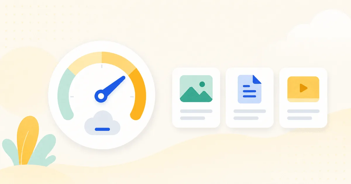 Illustration of a cloud storage calculator measuring files, photos, videos, and available space.