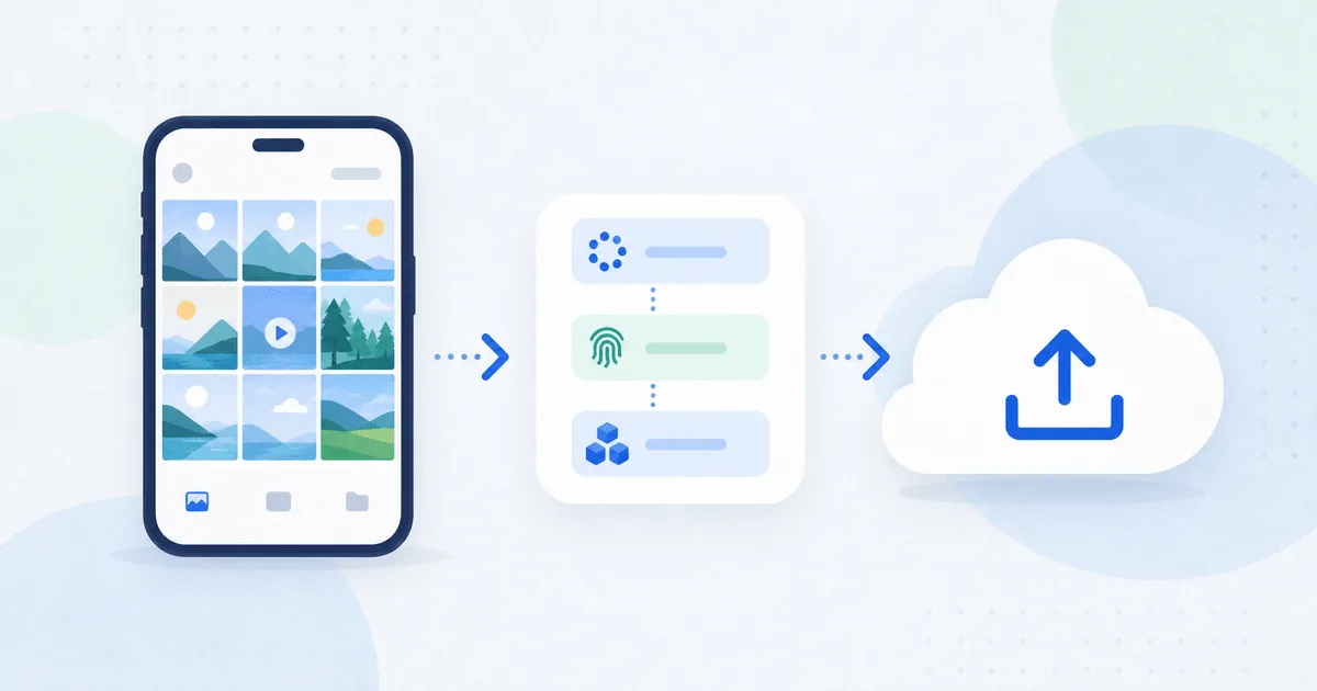 Illustration of an iPhone photo backup pipeline syncing camera roll files to encrypted cloud storage.