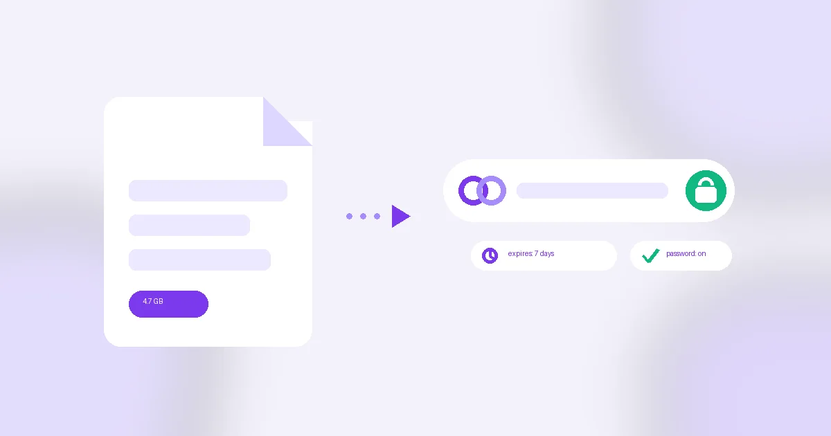 Illustration of a large file being sent as a password-protected share link instead of an expiring transfer.