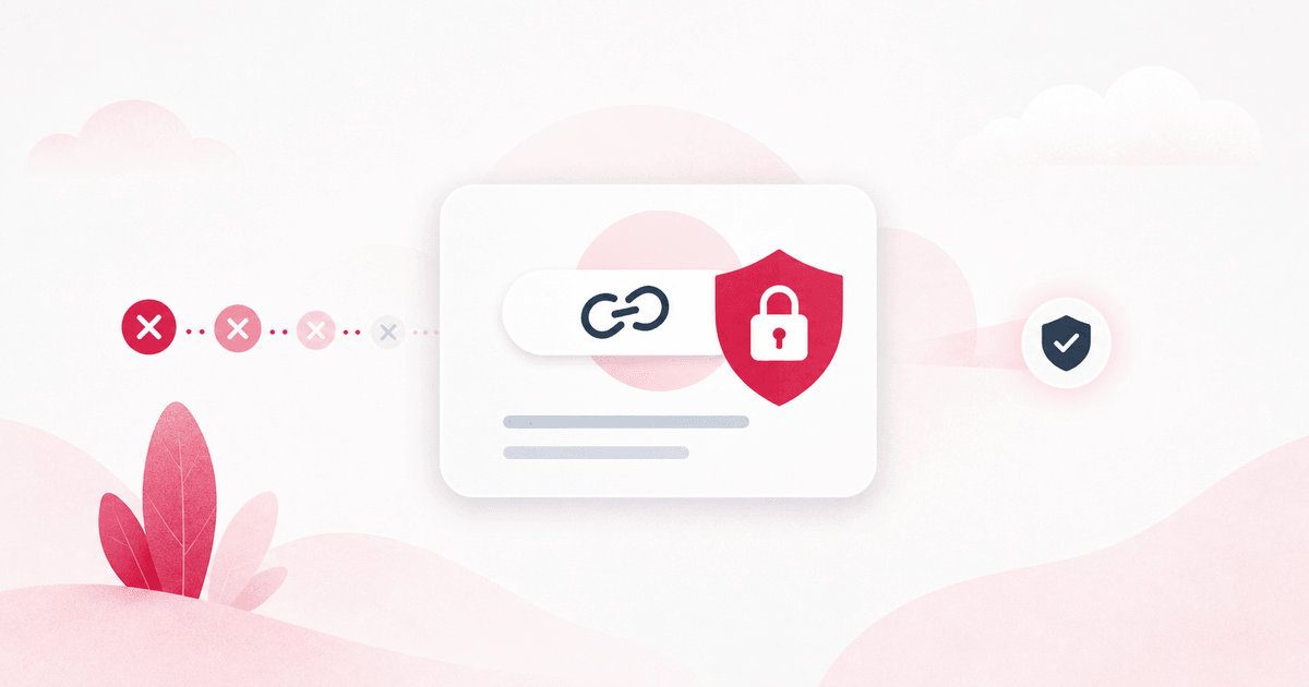 レート制限によってパスワード試行が止められる、保護された共有リンクのイラスト。