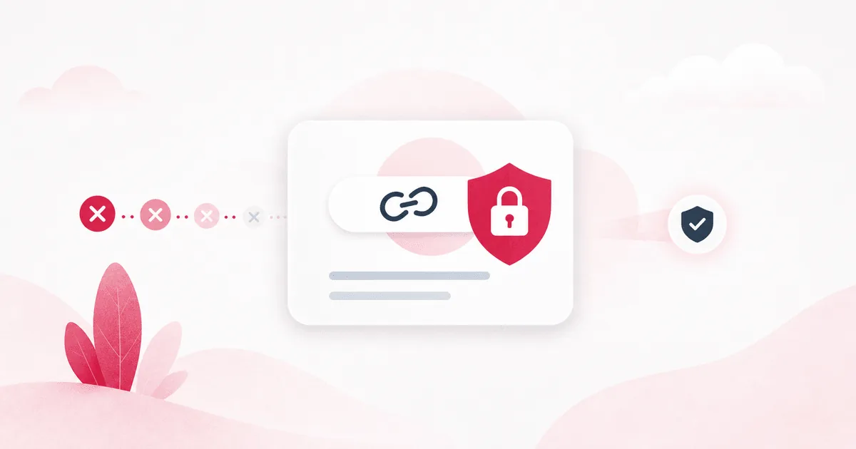 レート制限によってパスワード試行が止められる、保護された共有リンクのイラスト。
